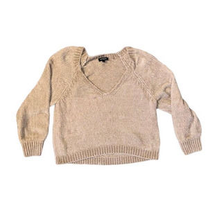 Express Women's Chenille Cream Beige Cropped V-Neck Sweater